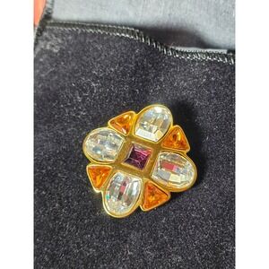Vintage Napier Maltese Cross Brooch Gold Tone Purple & Amber Rhinestone 2" Pin
